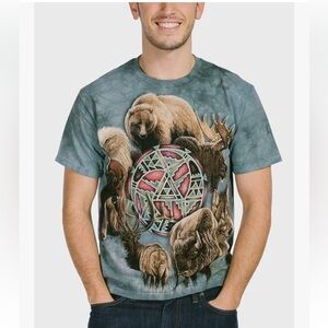 THE MOUNTAIN ANIMAL SPIRIT CIRCLE SHORT SLEEVE T-SHIRT TIE DYED GRAY SZ MEDIUM